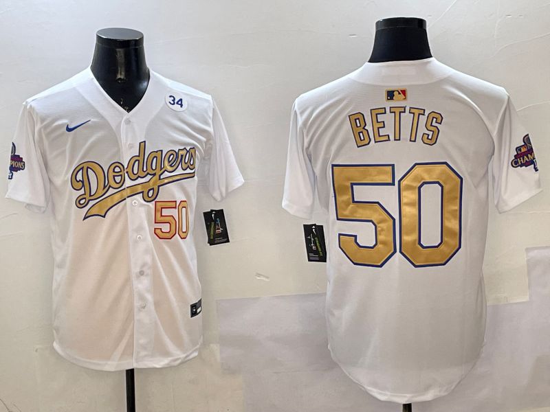 Men Los Angeles Dodgers 50 Betts White Champion gold character 2025 Nike MLB Jersey style 4